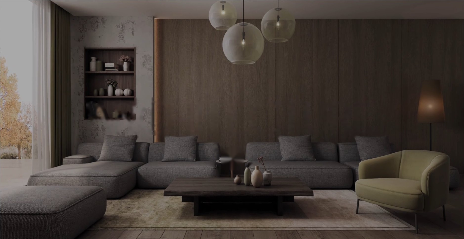 Refined living room with timber wall panels, pendant lights and a low sofa
